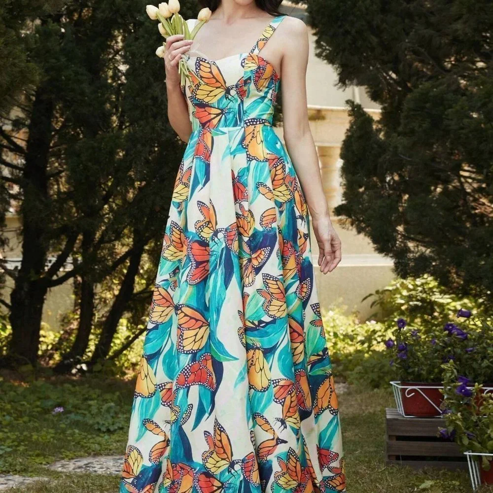 Multicolor Boho Womens Butterfly Print Cami Dress - Picture 5 of 5